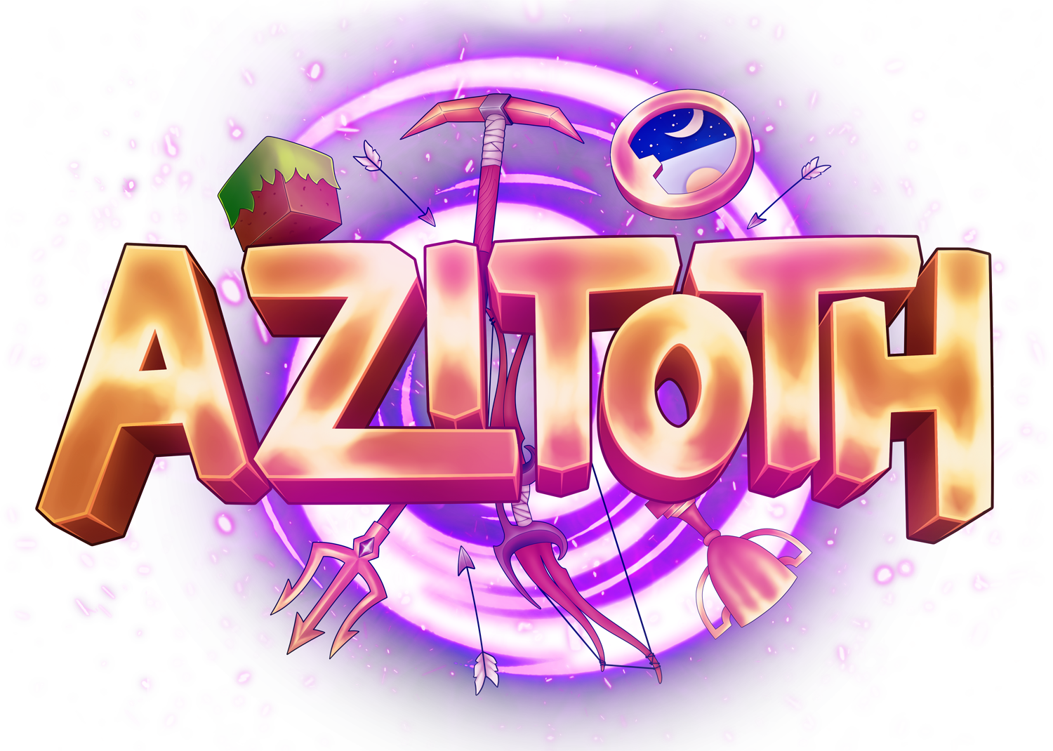 Azitoth golden text with a purple vortex behind it and various Minecraft items being sucked in